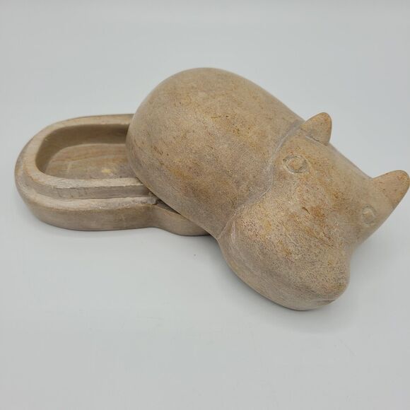 Hippo Carved Soapstone Trinket Box 5" Long - Picture 8 of 15